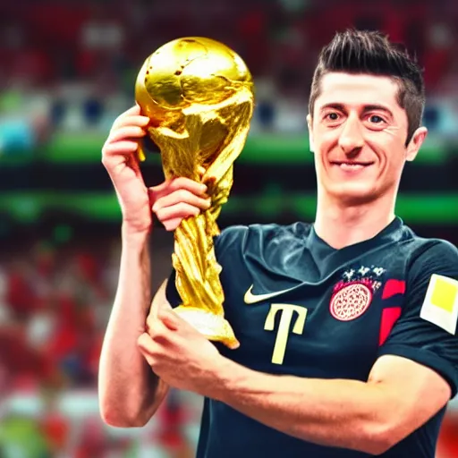 Image similar to portrait of Robert Lewandowski holding World Cup trophy, 4k, hq, high details, natural light, perfect quality, professional photography, award winning photo