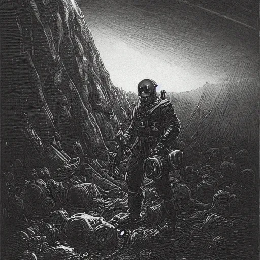 Image similar to Fallout, soldier with a gasmask, dark clouds, fire, burning, dark, eerie, night, dystopian, city, eldritch, illustration by Gustave Doré