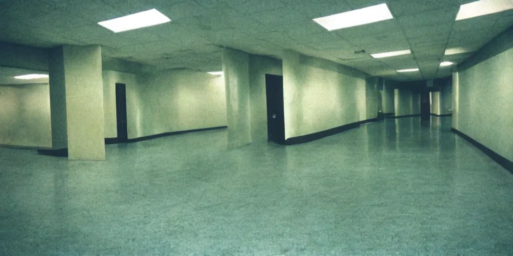 Prompt: a weird place full of people but now empty with eerie feeling, disposable colored camera, camera flash, house, mall, hallway, playground, office, pool, interior, room