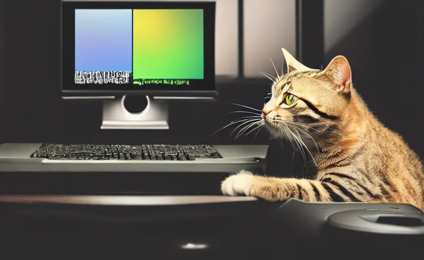 Prompt: a cat playing on a gaming computer, realistic, dark, rgb