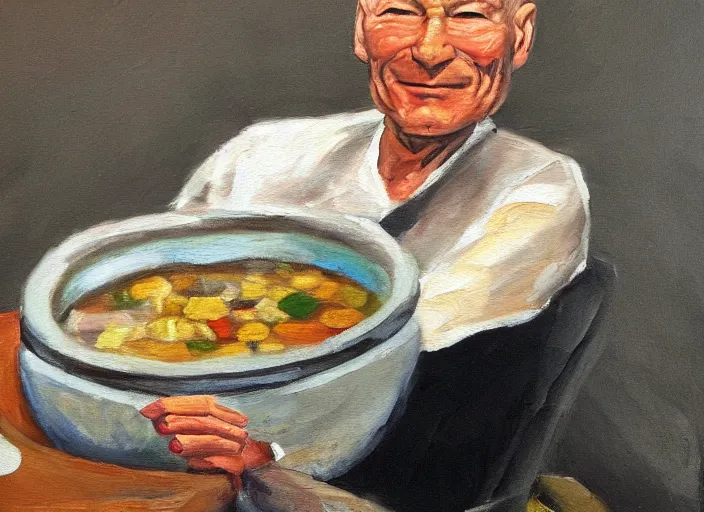 Image similar to an oil painting of patrick stewart sitting inside a big bowl of stew