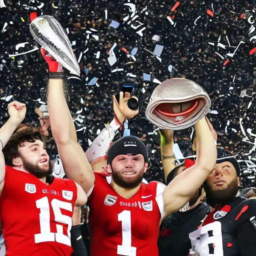 Prompt: baker mayfield lifts up the lombardi trophy, confetti, 8 k sports photography