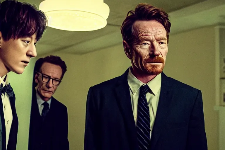 Image similar to film still of jungkook and bryan cranston in cosmic horror! the musical by david cronenberg, horror sci fi, 3 5 mm film, atmospheric, ultra fine detail, film grain, photorealistic