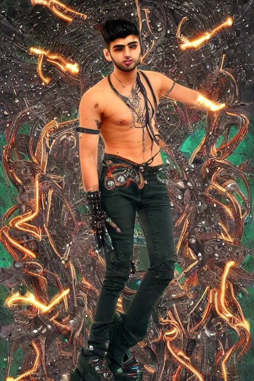 Image similar to full-body cyberpunk style sculpture of handsome singer Zayn Malik as a half cyborg with a chest opening exposing circuitry and electric sparks, glowing orange eyes, crown of green metal leaves, flowing salmon-colored silk, fabric, raptors. baroque elements. full-length view. baroque element. intricate artwork by caravaggio. many many birds birds on background. Trending on artstation, octane render, cinematic lighting from the right, hyper realism, octane render, 8k, depth of field, 3D