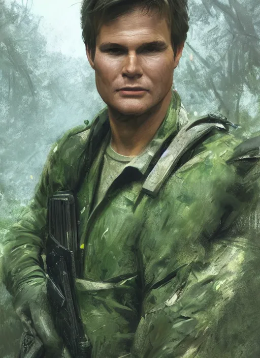 Image similar to portrait of a young richard dean anderson wearing a green combat uniform, in a post apocalyptic city overgrown by plants, by wlop, by greg rutkowski, cover illustration, concept art, volumetric lighting, volumetric atmosphere, sharp focus, octane render, trending on artstation, 8 k