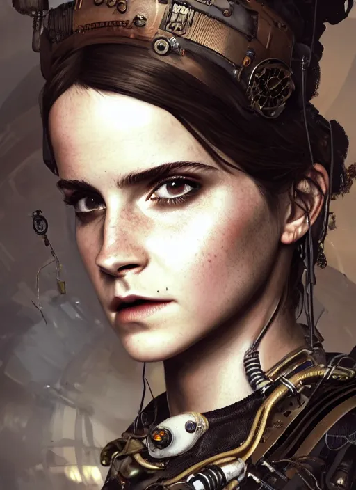 Image similar to steampunk biopunk portrait of emma watson, au naturel, hyper detailed, digital art, trending in artstation, cinematic lighting, studio quality, smooth render, unreal engine 5 rendered, octane rendered, art style by klimt and nixeu and ian sprigger and wlop and krenz cushart.