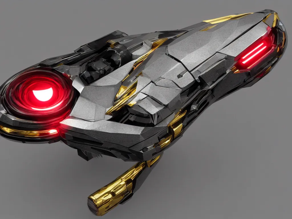 Image similar to futuristic weapon made of brushed metal, chrome and carbon, intricate gold linings, red leds