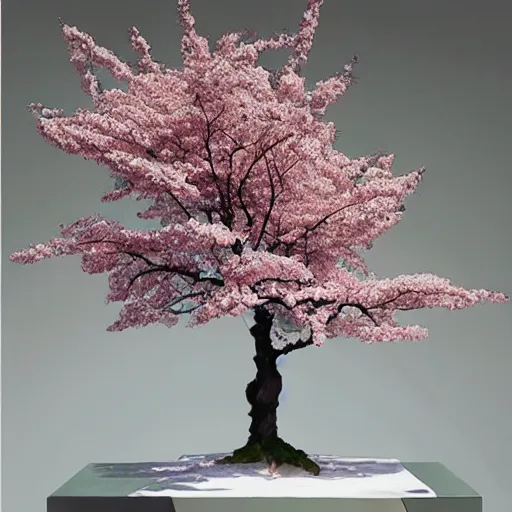 Image similar to a sculpture of sakura tree on the table, hyperrealism oil painting