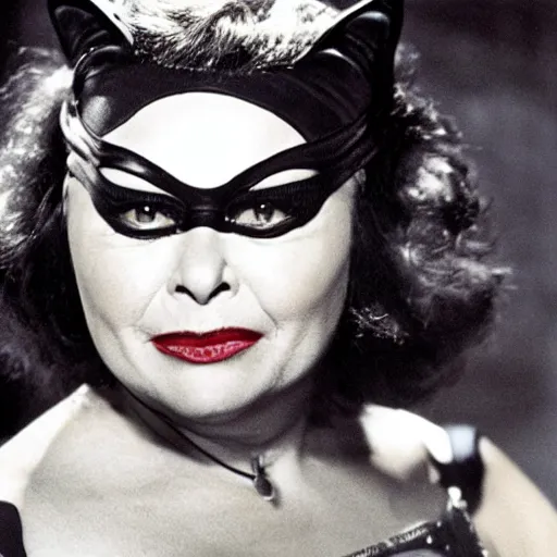 Image similar to roseanne barr as catwoman, movie still