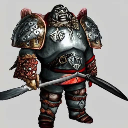 Image similar to ogre warrior wearing plated armor who is holding a battle axe in the style of warhammer fantasy : : head and torso drawing