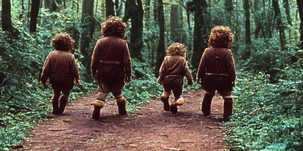 Image similar to A full color still from a Stanley Kubrick film featuring a side view of two hobbits wearing packs and walking down a path in a dark forest, 35mm, 1975