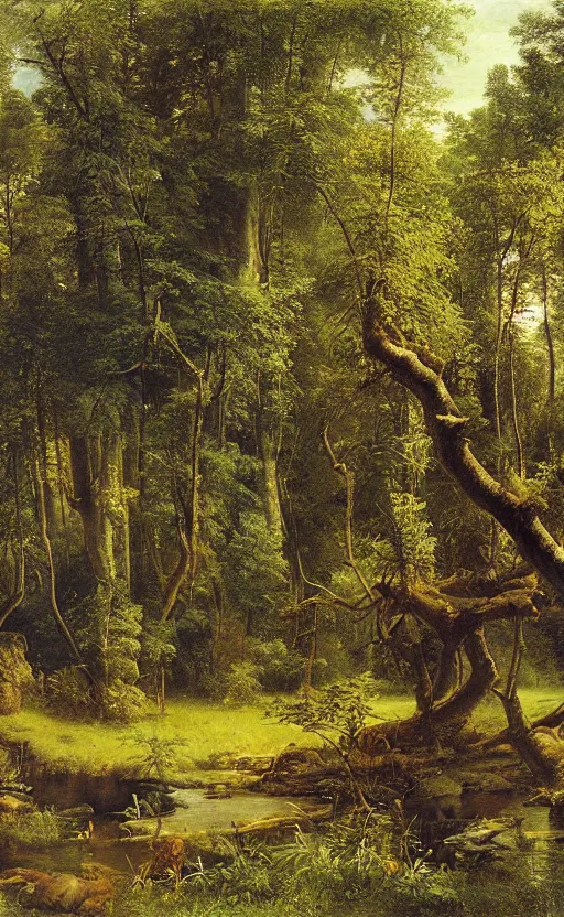 Image similar to artwork painting of a lush environment by eugene von guerard, ivan shishkin