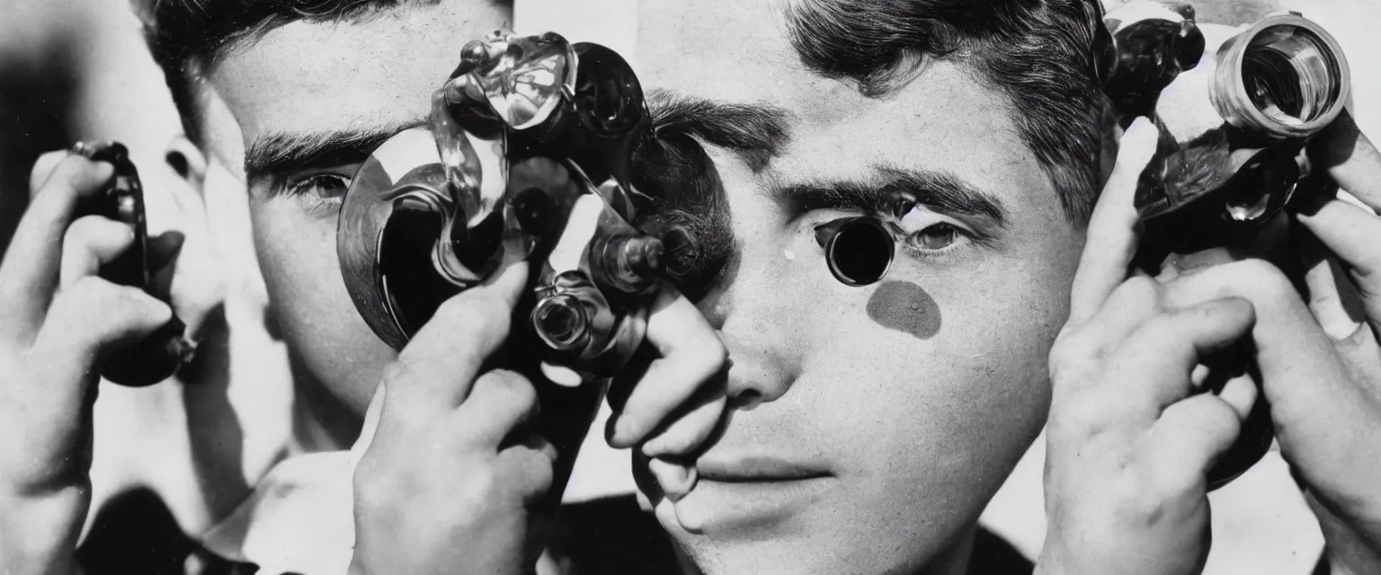 Prompt: detailed sharp portrait photograph in the style of popular science circa 1 9 5 5 of a young man in close up looking directly at lens through binoculars