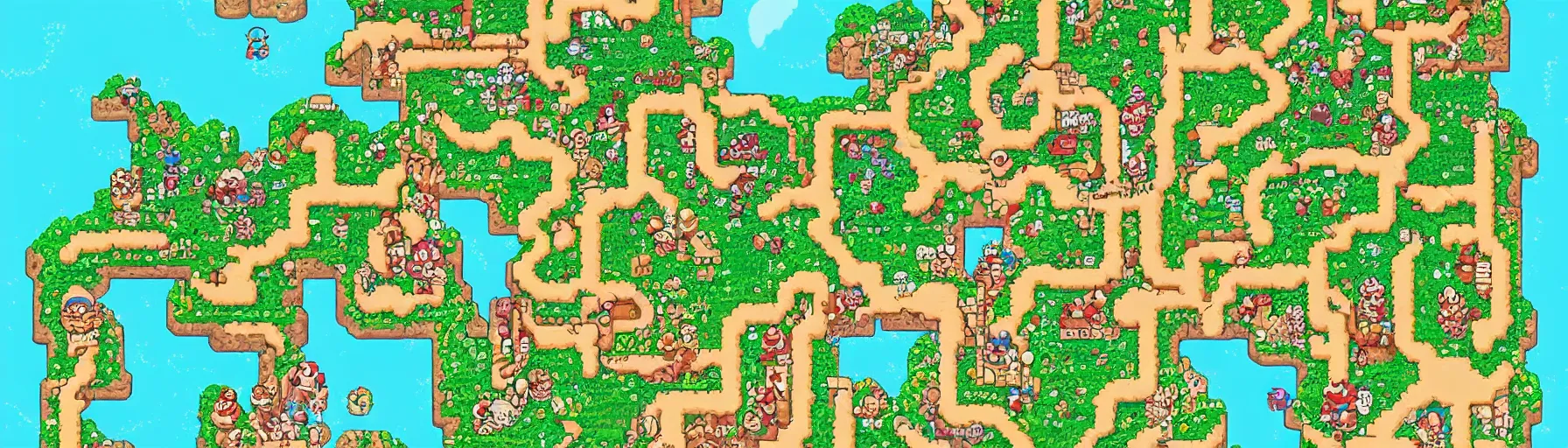 Image similar to vertical panorama of the super mario world map in the style of studio ghibli