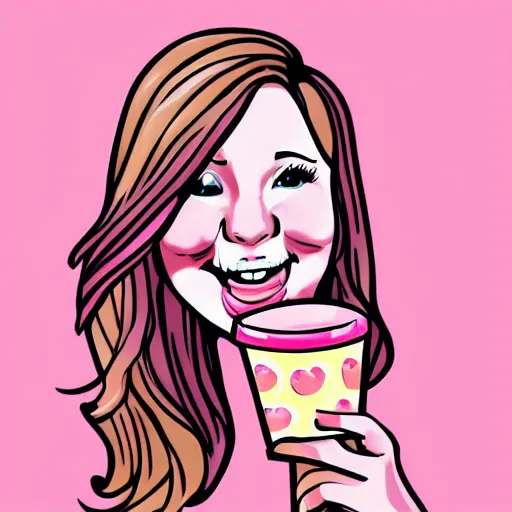 Image similar to strawberry blonde haired girl eats pink ice cream, cute, digital art, pop art