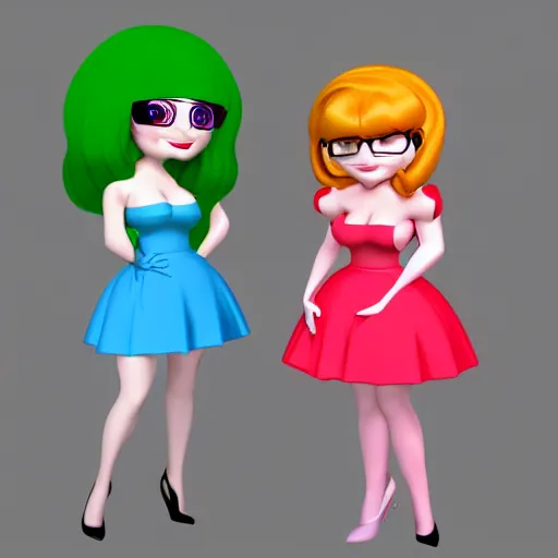 Image similar to christina hendricks as powerpuff girls characters, 3 d render, blender,