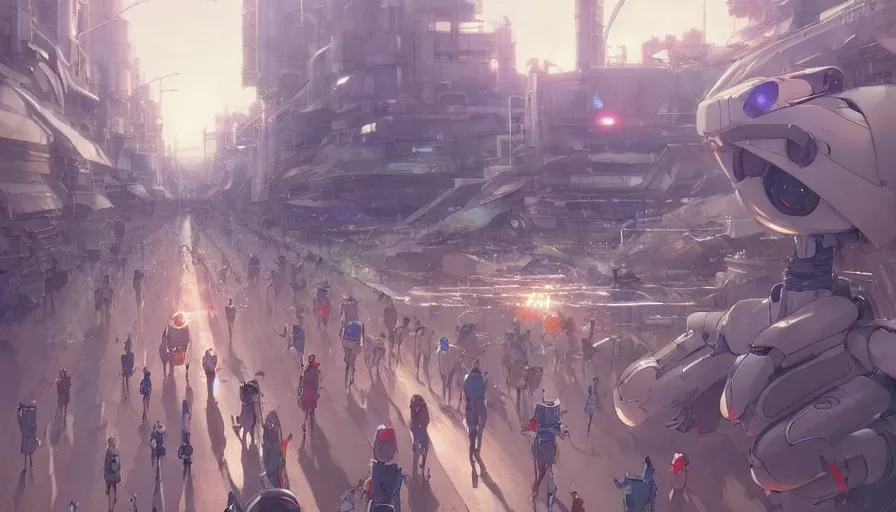 Image similar to robots and people run a marathon, yoshiyuki sadamoto artgerm greg rutkowski makoto shinkai studio ghibli, artstation