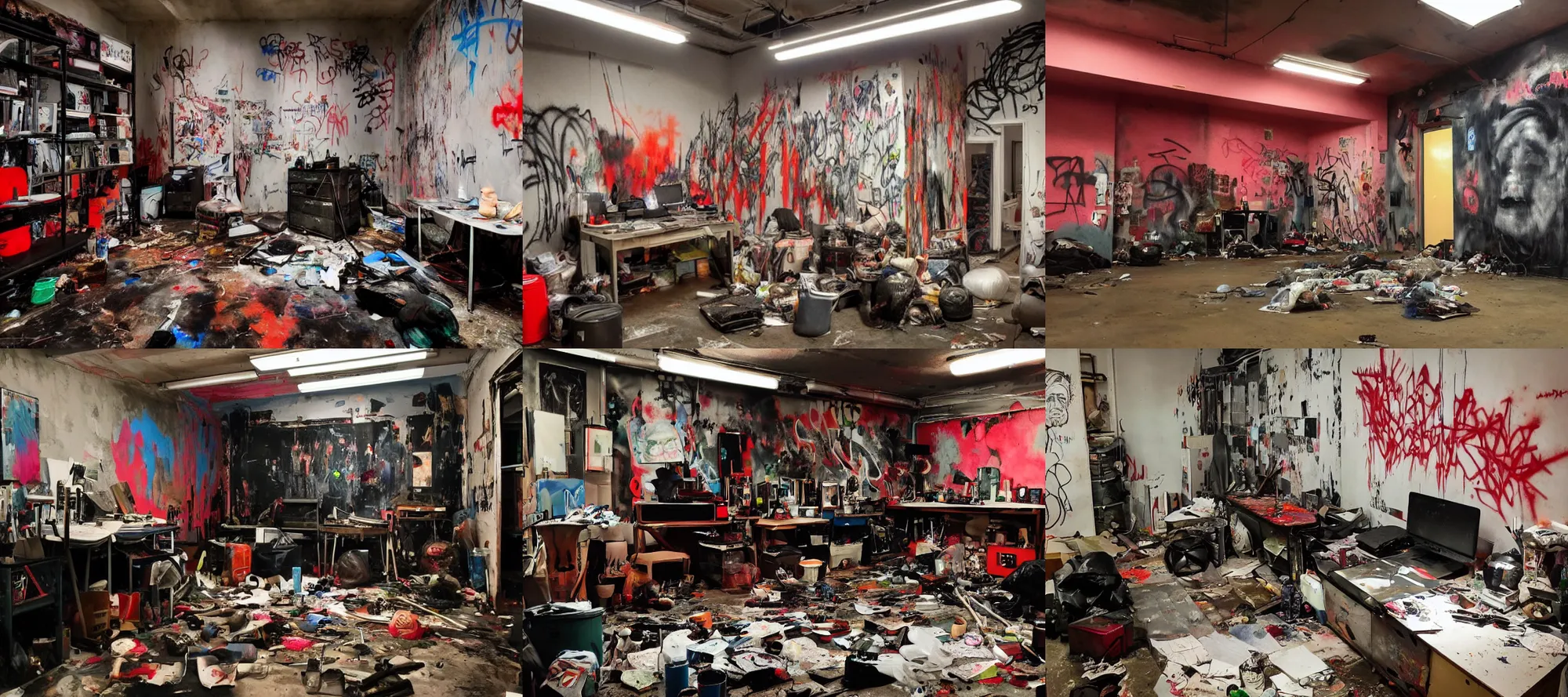 Prompt: artists studio full of art equipment. graffiti on walls, red sky!!, dark, dust, webs, by junji ito, grime, black goo, trash, wires, hikikomori, trash bags, litter, hoarder, metal tubes, horror, gloomy, insane asylum!!