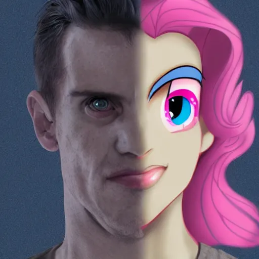 Image similar to man in the process of morphing into Pinkie Pie from My Little Pony, man turning into pony, trending on artstation, painful expression, anatomically accurate, coherent body, high contrast,