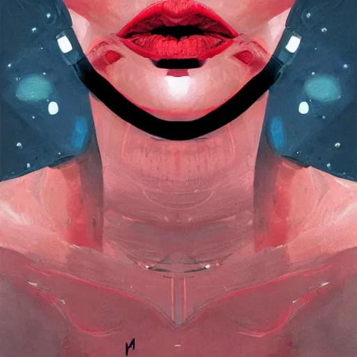 Image similar to lips sewn shut surrounded by red curtains by Conrad Roset and Nicola Samuri, close-up shot, rule of thirds, seductive look, beautiful, intricate, dystopian, sci-fi, extremely detailed, digital painting, artstation, concept art, smooth, sharp focus, illustration, intimidating lighting, incredible art, details visible, very dark ambiance