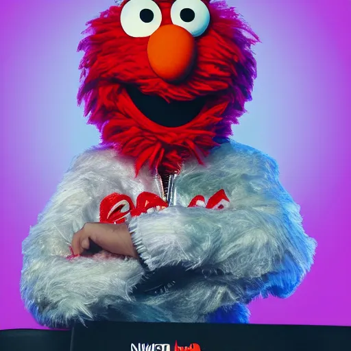 Prompt: of Elmo from sesame street dressed up as a rapper in New York City, highly detailed, 4K, moody lighting, 90’s vibe, 3d render, octane redshift, 8k