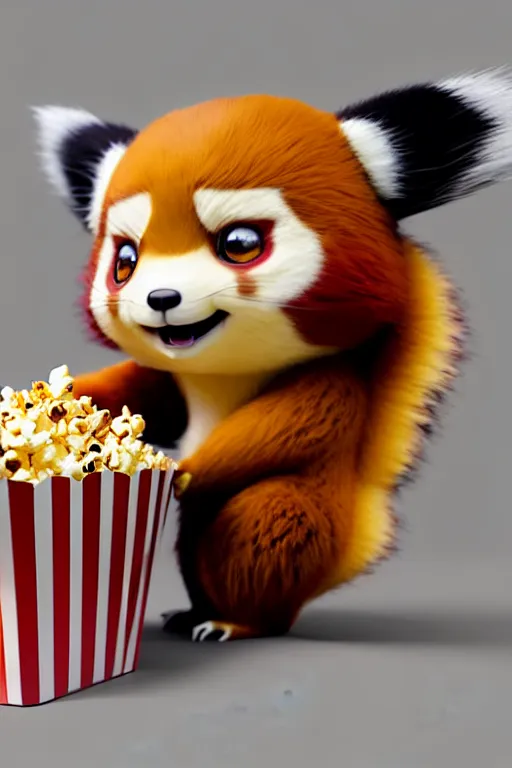 Image similar to high quality 3 d render hyperrealist very cute gothic happy red panda & koala hybrid eating popcorn, vray smooth, detective pikachu, very dramatic light, low angle, uhd 8 k, shallow depth or field