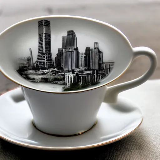 Prompt: a city inside a tea cup