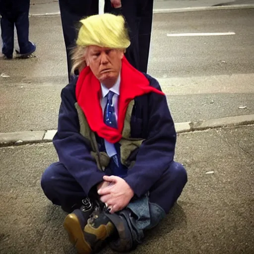 Prompt: donald trump dressed as a homeless man living in the slums