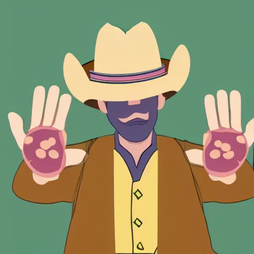 Prompt: a man with 6 fingers on one hand polydactyly and wearing a cowboy hat in the style of a children's cartoon