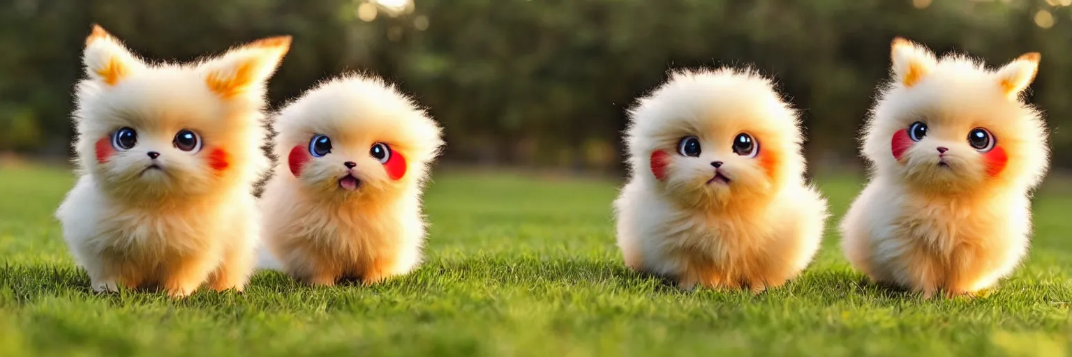 Image similar to real life pokemons, cute!!!, content!!!, mischievous!!!, adorable!!!, little furballs, fluffy!!!, ultra realistic!!!, golden hour, sharp focus