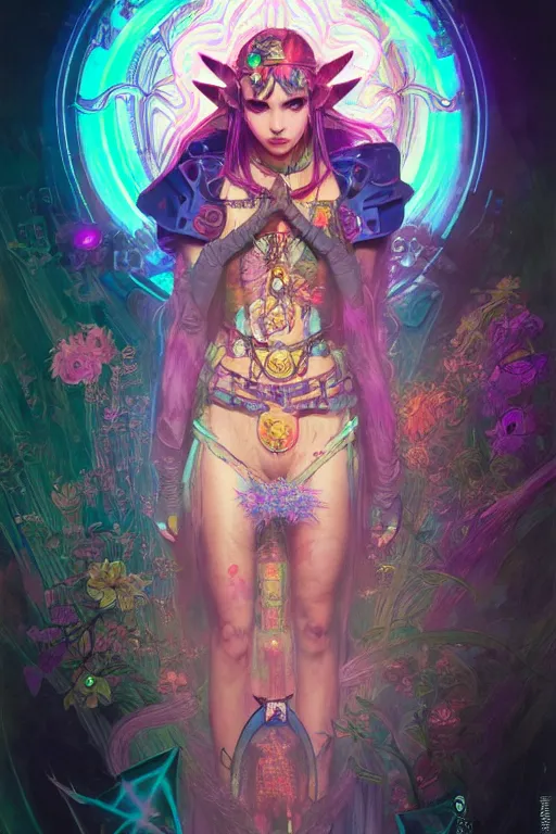 Image similar to Cyberpunk Princess Zelda, magical, flower, bright neon highlights, detailed intricate ink illustration, dark atmosphere, detailed illustration, hd, 4k, digital art, overdetailed art, concept art, by greg rutkowski, by Alfons Mucha, complementing colors, Trending on artstation, deviantart