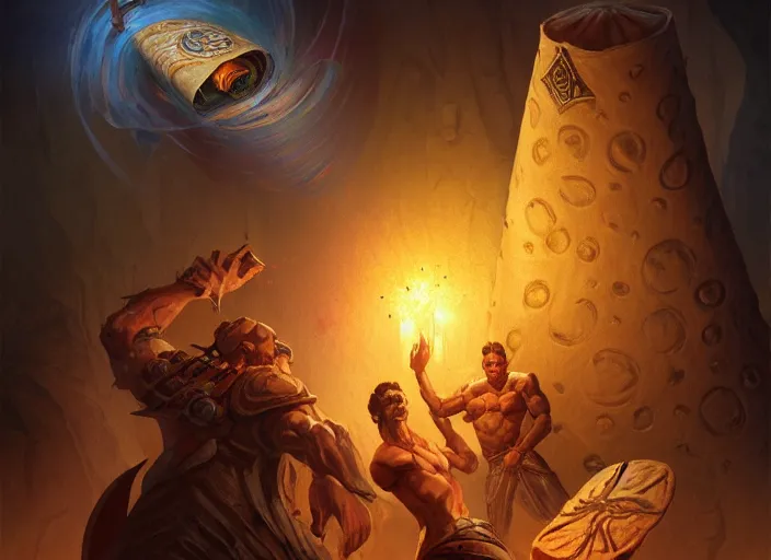 Image similar to a giant flour tortilla wrap with a group of human travelers trapped inside, by marco bucci and frank frazetta, style of magic the gathering, high resolution, fantasy coloring, intricate, digital painting, artstation, smooth, sharp focus