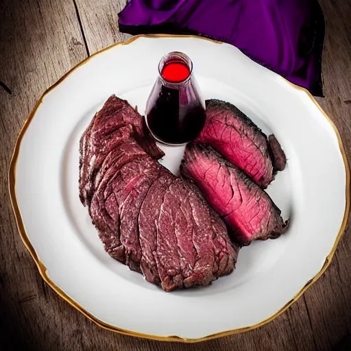 Prompt: her majesty, the extremely lovely dark princess of steak, beautiful woman in a dark red dress with gold trim, violet eyes, full lips, dark eye shadow, black hair with streaks of magenta, a plate of steak with a glass of wine next to it on a wooden table