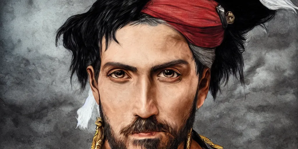 Image similar to realistic portrait of a handsome pirate captain with black hair, 1450, ink, ultra realistic, 8k