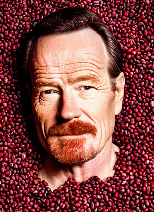 Image similar to closeup portrait of bryan cranston happy face surrounded by cranberries, food photography, natural light, sharp, detailed face, magazine, press, photo, steve mccurry, david lazar, canon, nikon, focus