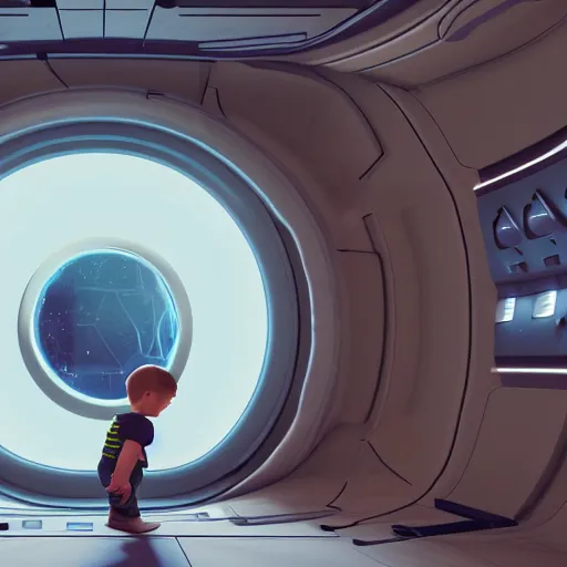 Image similar to little boy looking at some plants inside a spaceship, 3 d render, unreal engine, cinematic, octane scifi