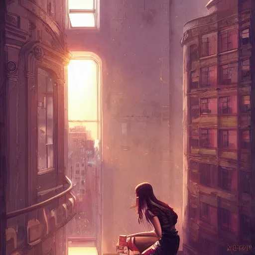 Prompt: window, eye, women, buildings, scared, by wlop, artgerm, greg rutkowski