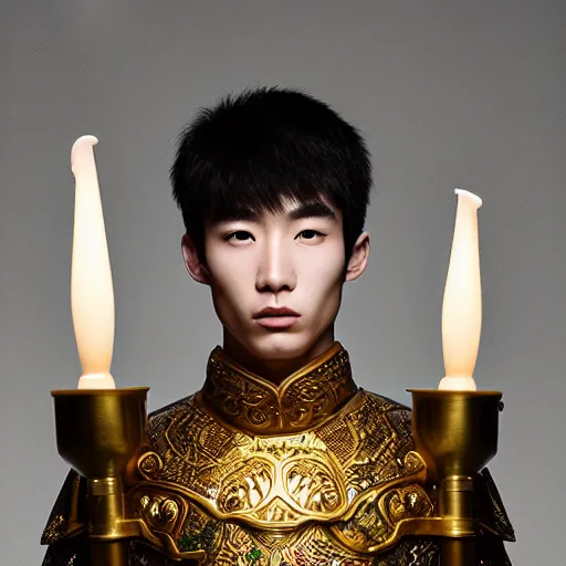 Prompt: a portrait of a beautiful korean young male wearing an alexander mcqueen armor made of wax candles , photographed by andrew thomas huang, artistic