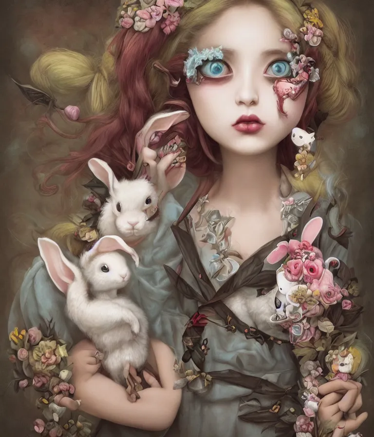 Image similar to pop surrealism, lowbrow art, realistic cute alice girl holding a bunny painting, japanese street fashion, hyper realism, muted colours, rococo, natalie shau, loreta lux, tom bagshaw, mark ryden, trevor brown style