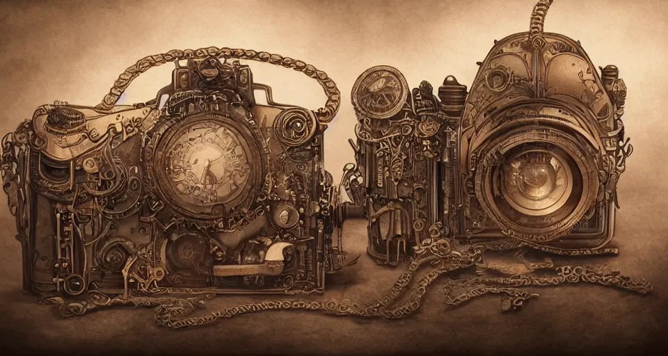 Image similar to A beautiful artwork illustration, extremely detailed and advanced steampunk-themed camera , featured on artstation, wide angle, horizontal orientation