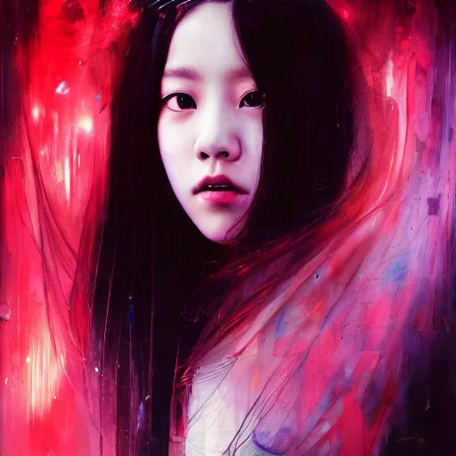 Image similar to jisoo of blackpink, hyperrealistic portrait, bladerunner street, by karol bak and agnes cecile, fantasy art, photo realistic, dynamic lighting, artstation, poster, volumetric lighting, very detailed face, 8 k, award winning