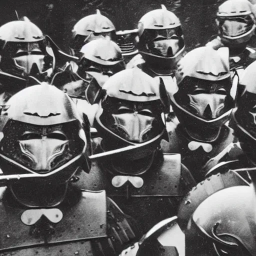 Image similar to a photo taken on a phone of a group of pike men wearing helmets getting ready to charge into battle.