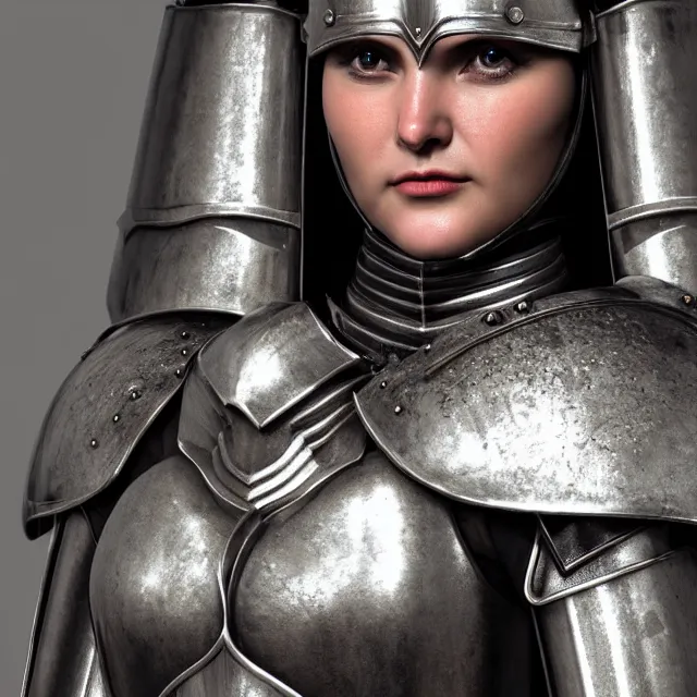 Prompt: perfectly centered close up portrait of a female knight in full body armor, candid photography, by anne stokes, updo, highly detailed, unreal engine 5