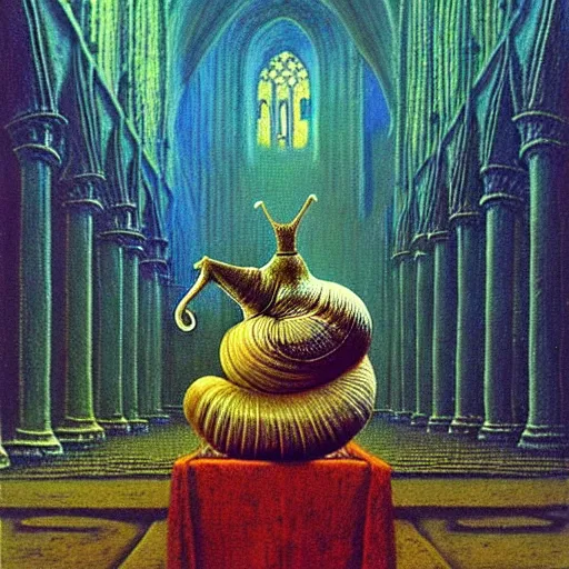 Image similar to a holy snail stands in a cathedral painting by beksinski, barlowe colors. masterpiece painting