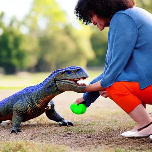 Image similar to a lady playing fetch with her pet dinosaur,