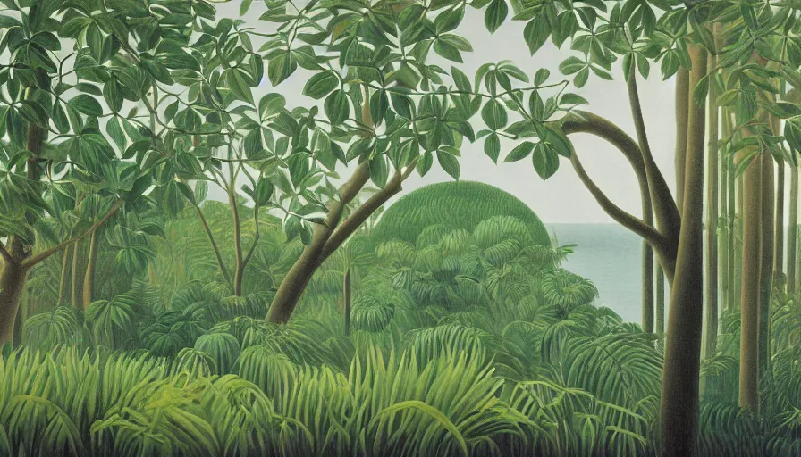 Prompt: wide view of the ocean through the leaves of a lush forest, soothingly beautiful, by henri rousseau