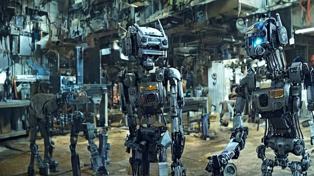 Image similar to film still from the movie chappie of the robot chappie outdoor scene furry anthro anthropomorphic stylized wolf dog canine ears head android service droid robot machine fursona