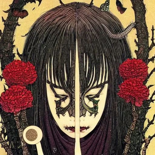Prompt: realistic detailed image of the very hungry caterpillar as a gothic painting, art by Takato Yamamoto.
