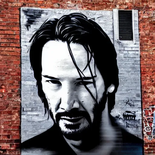 Image similar to Street-art portrait of Keanu Reeves in style of Banksy, photorealism