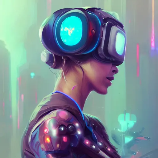 Image similar to portrait of a beautiful cybernetic raver girl wearing a vr headset, cyberpunk concept art by pete mohrbacher and artgerm and wlop and deathburger, digital art, highly detailed, intricate, fantasy, mystical, sharp focus, Trending on Artstation HQ, deviantart, unreal engine 5, 4K UHD image